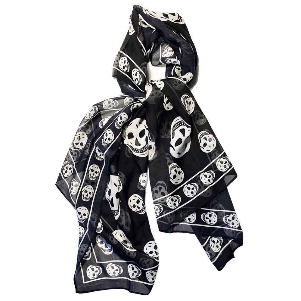 NEW Genuine Pure Silk Chiffon B/W Long Scarf w/Skull Pattern 26” Wide x 59" Long